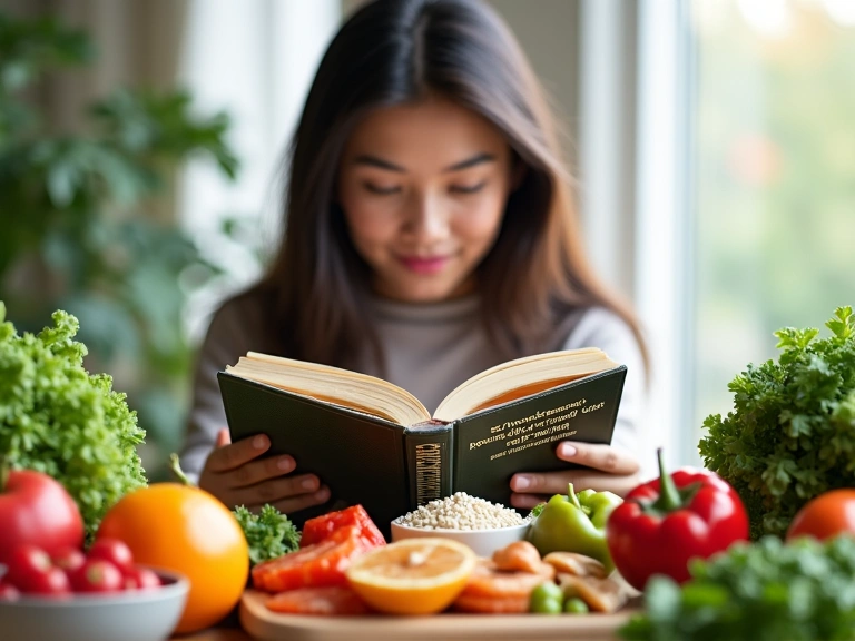 Una persona che legge un libro sulla nutrizione con uno sfondo di alimenti sani e colorati