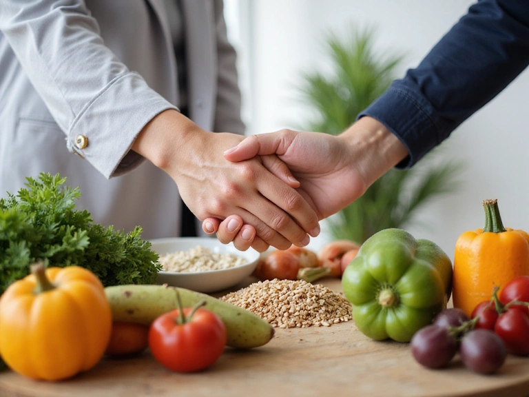 Due mani che si uniscono sopra un tavolo con cibo sano, simbolo di collaborazione e fiducia nel percorso nutrizionale.