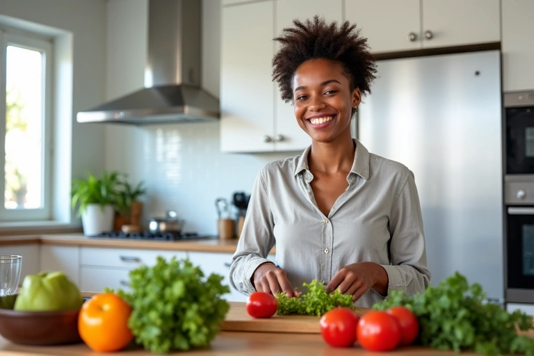 Una persona sorridente che prepara un'insalata colorata in una cucina moderna e luminosa, simboleggiando la gioia di una cucina sana.