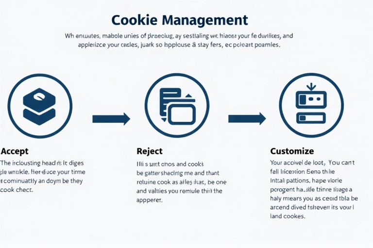 Un diagramma di flusso stilizzato che mostra il processo di gestione dei cookie, con opzioni per accettare, rifiutare o personalizzare le impostazioni, riflettendo il controllo dell'utente.