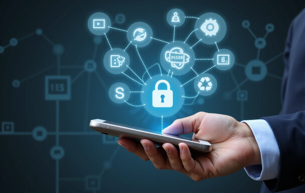 Mano che tiene un telefono con icone di diritti digitali